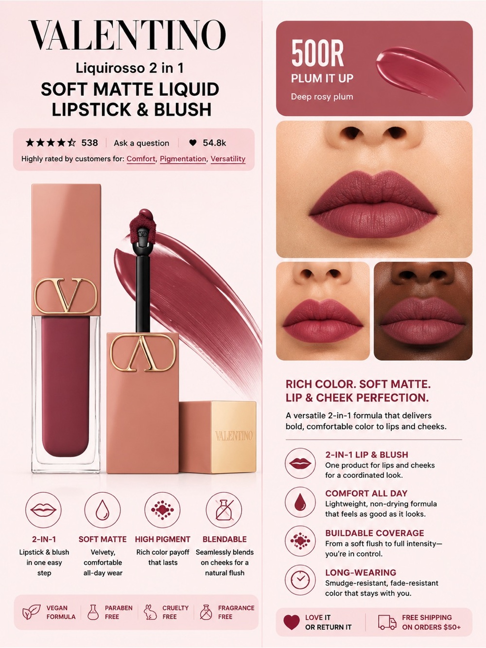 Valentino Liquirosso 2-in-1 Soft Matte Liquid Lipstick & Blush - 500R Plum It Up